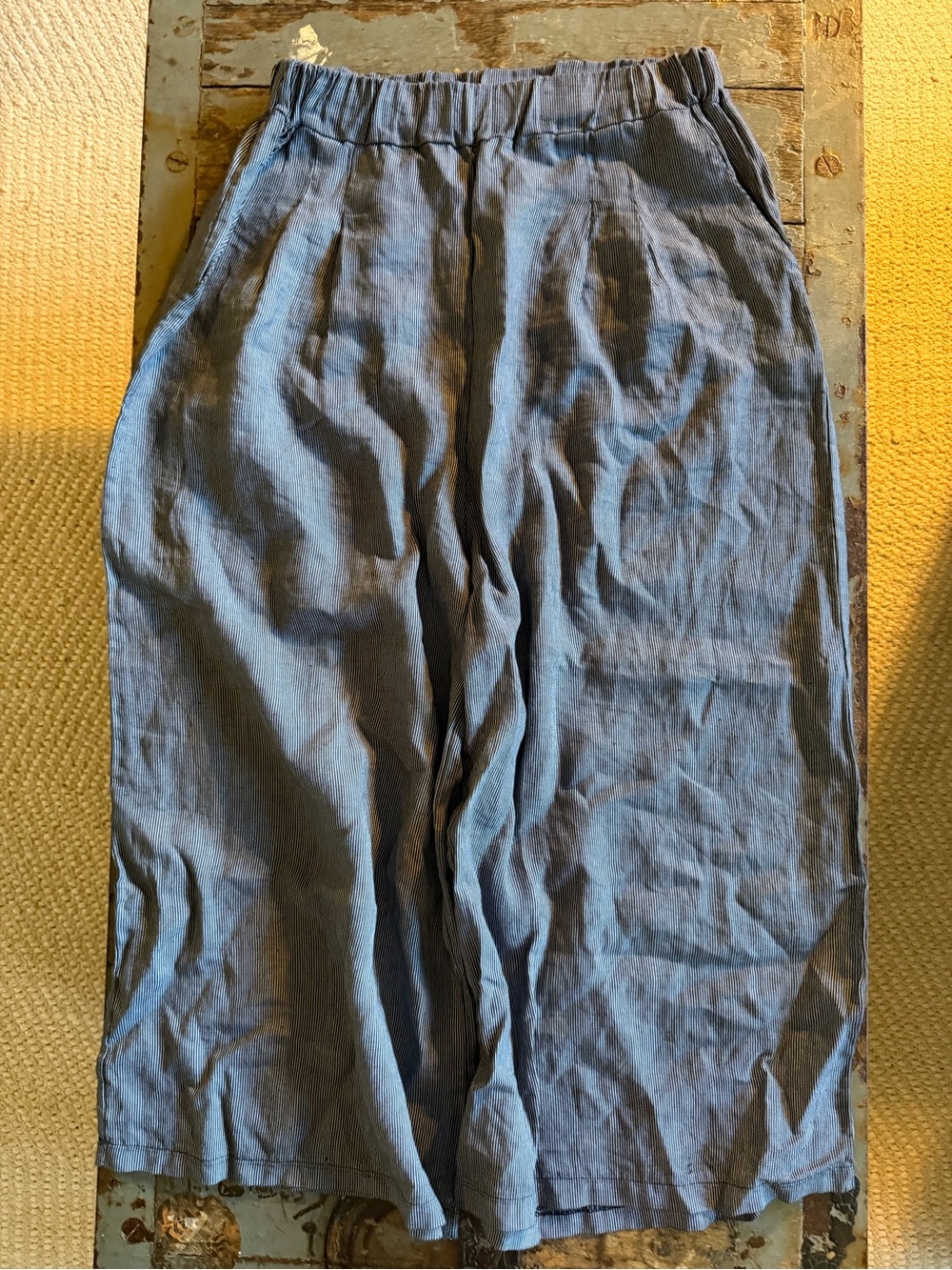 Baci Wide Leg Linen Summer Pants in Micro Slate Blue and White Pinstripe